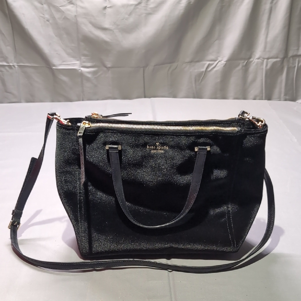 Kate Spade Womens Velvet Black Satchel Tote Crossbody Double Zip‎ Bag